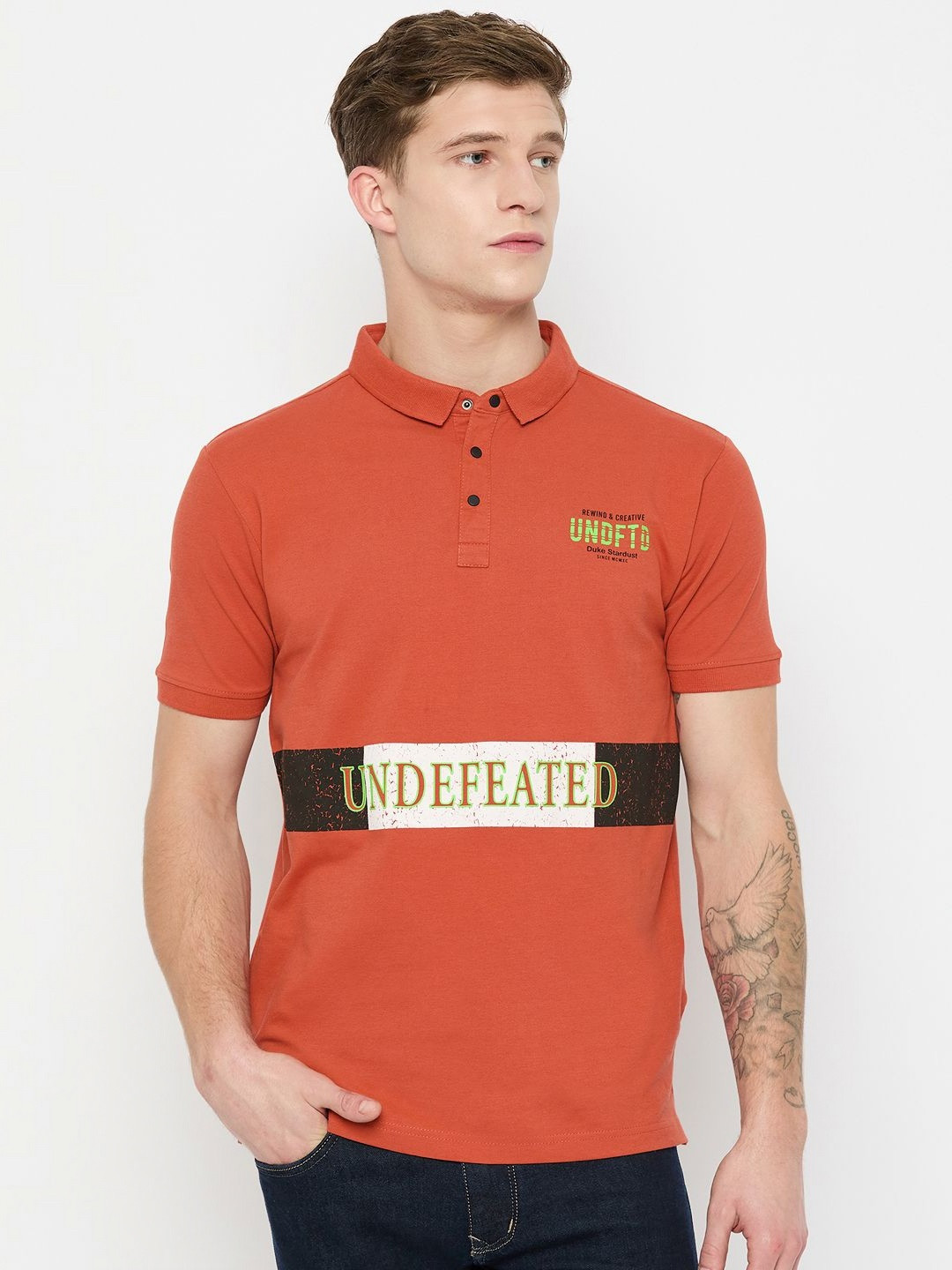 

Duke Men Typography Printed Polo Collar Cotton Slim Fit T-shirt, Orange
