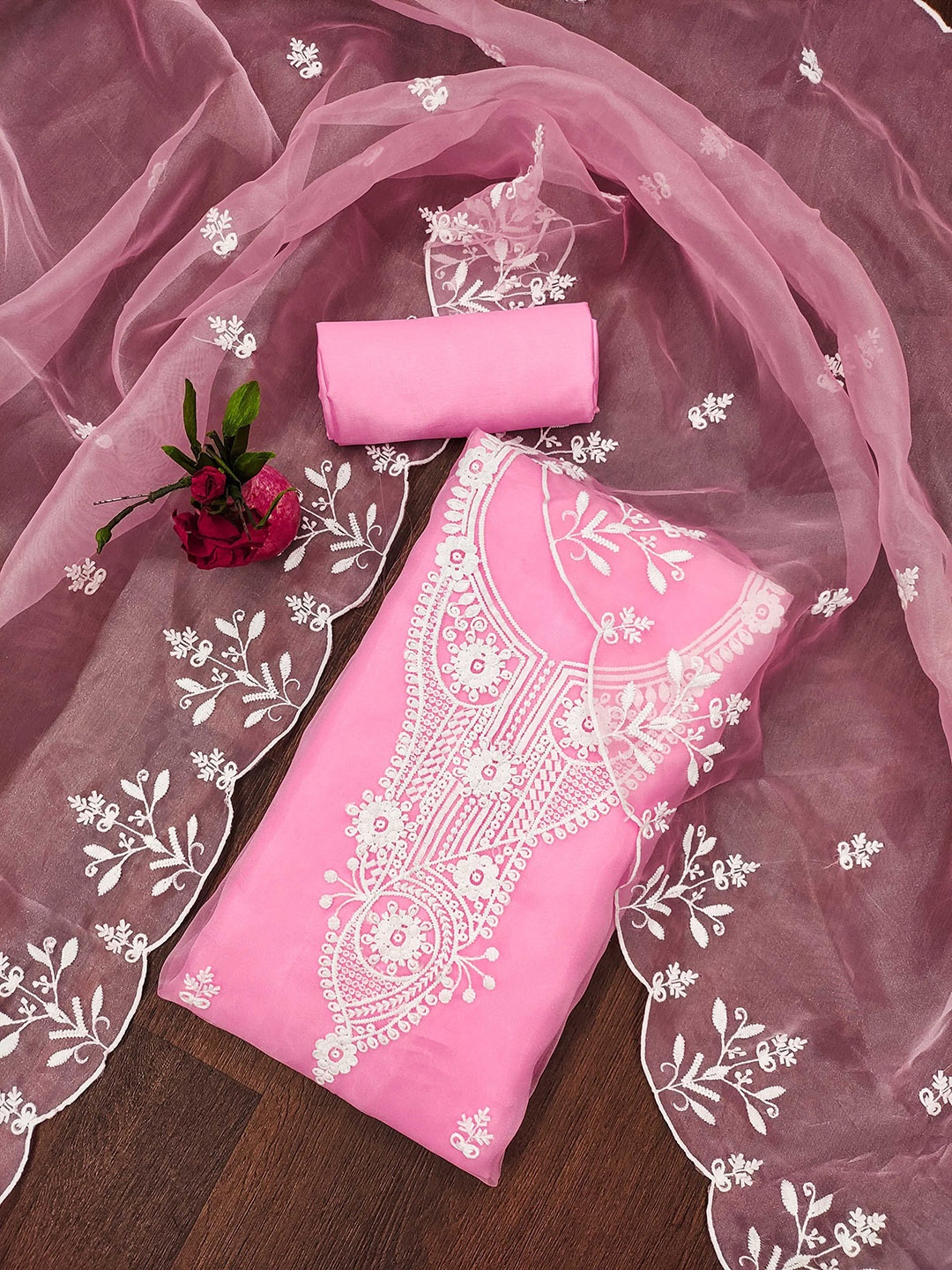 

SAINOOR Floral Embroidered Organza Semi-Stitched Dress Material, Pink
