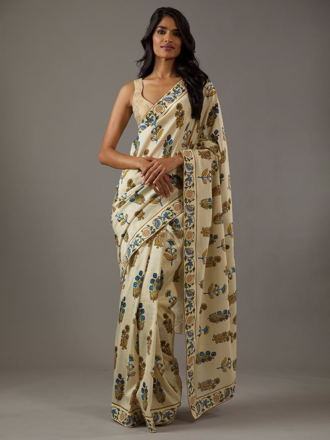 

Moda Rapido Embellished Poly Georgette Fusion Saree, Cream