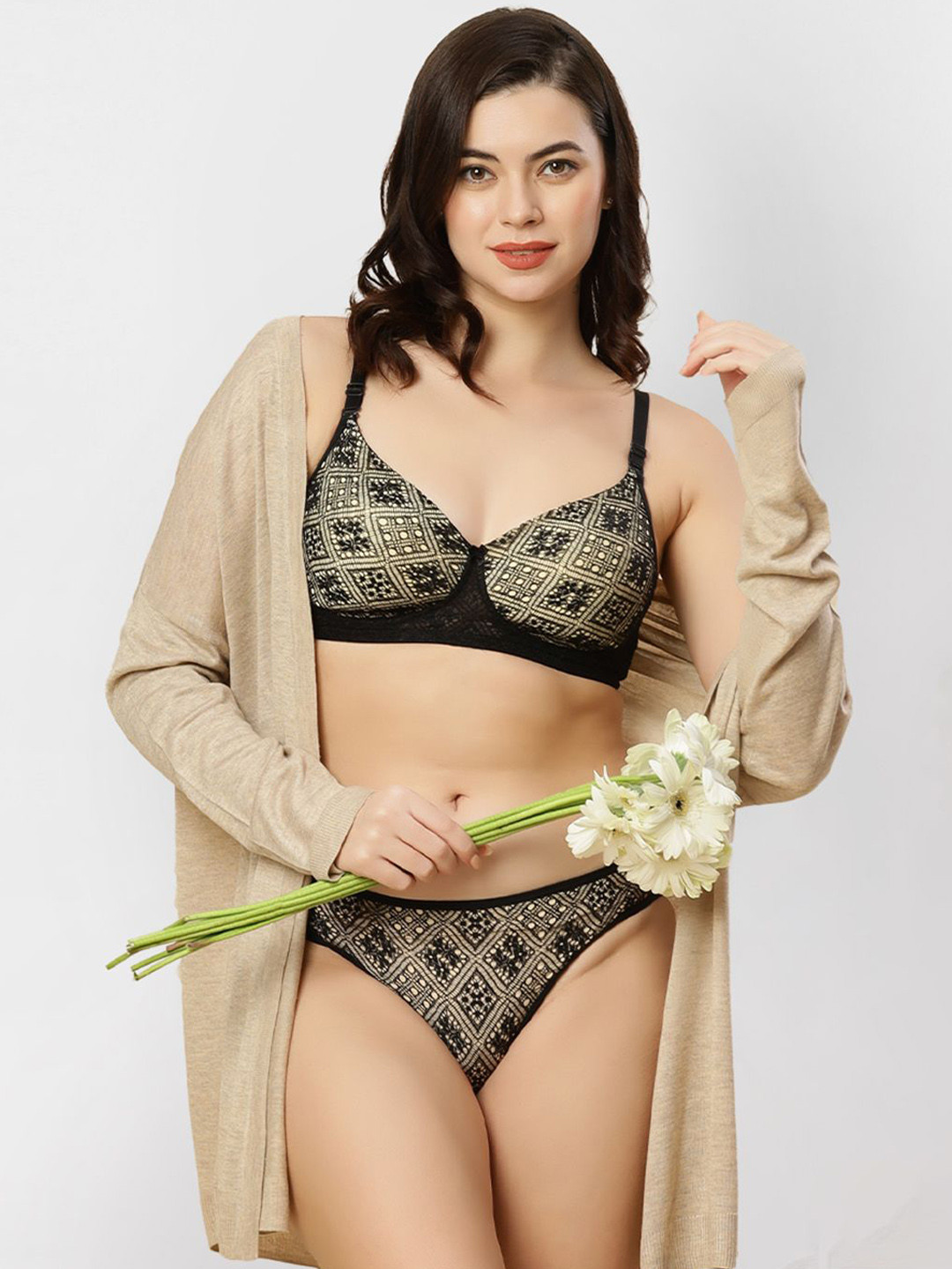 

happybra Patterned Cotton Lace Padded Wirefree Bra Lingerie Set Bridal01Black36C, Black