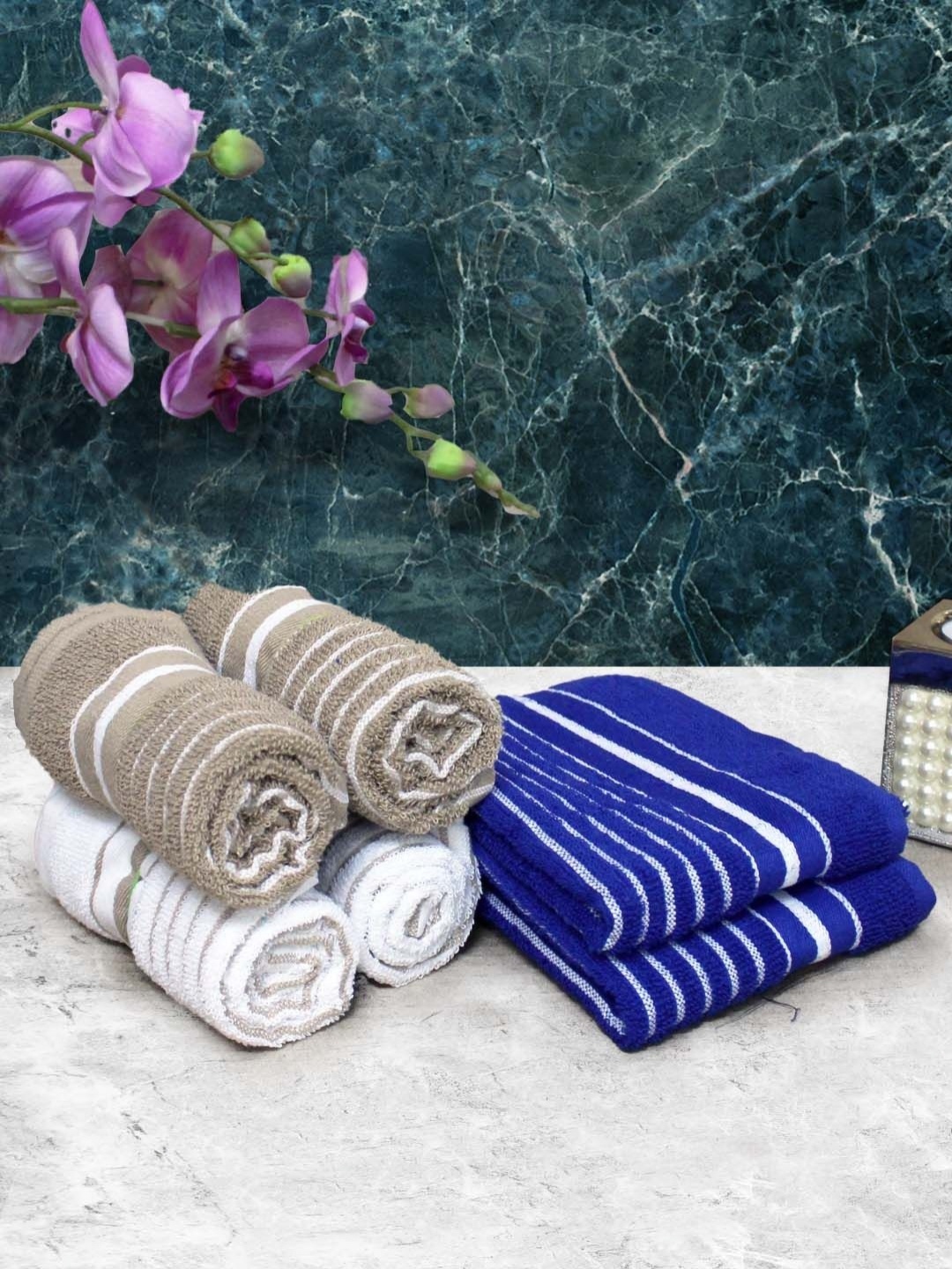 

Aura Blue & White 6 Pieces Striped Pure Cotton Super Absorbent & Quick Dry Hand Towels