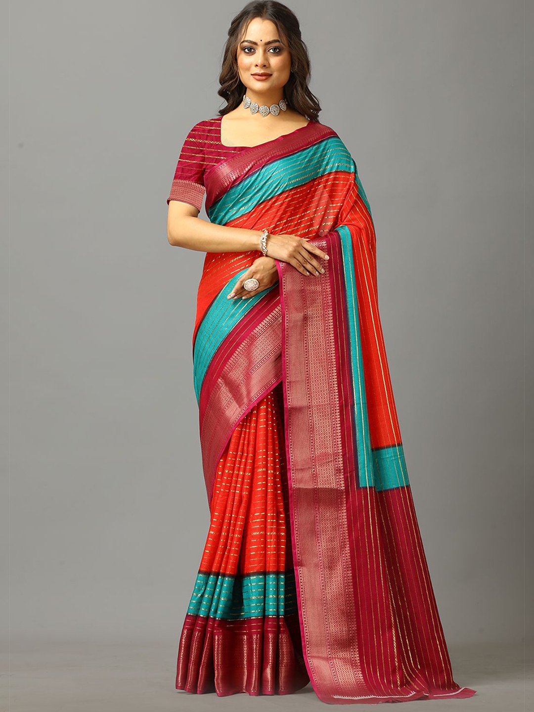 

A.V.M. SILK MILLS Striped Zari Saree, Burgundy