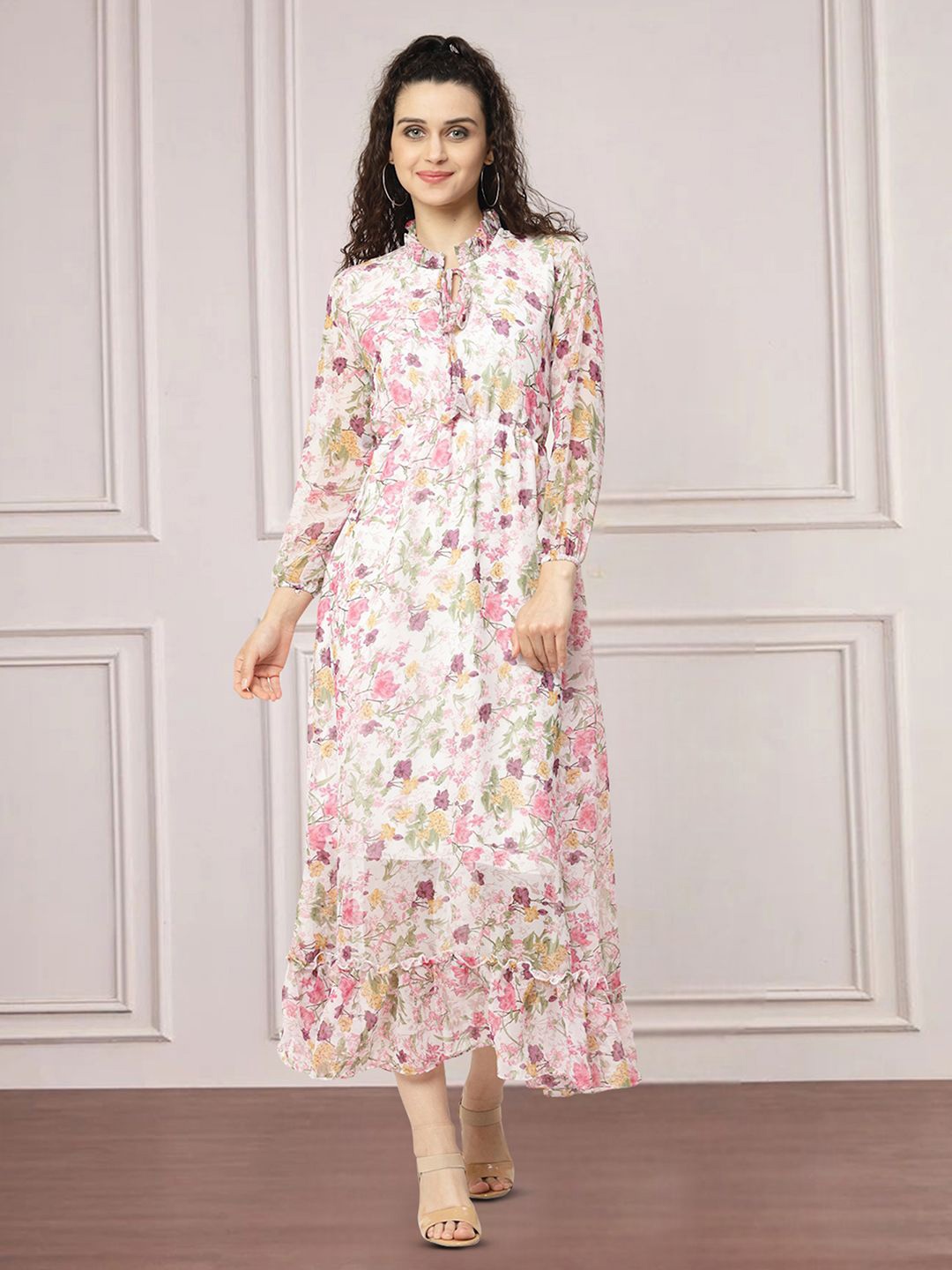

Moda Rapido Floral Print Tie-Up Neck Applique Fit & Flare Dress, Multi