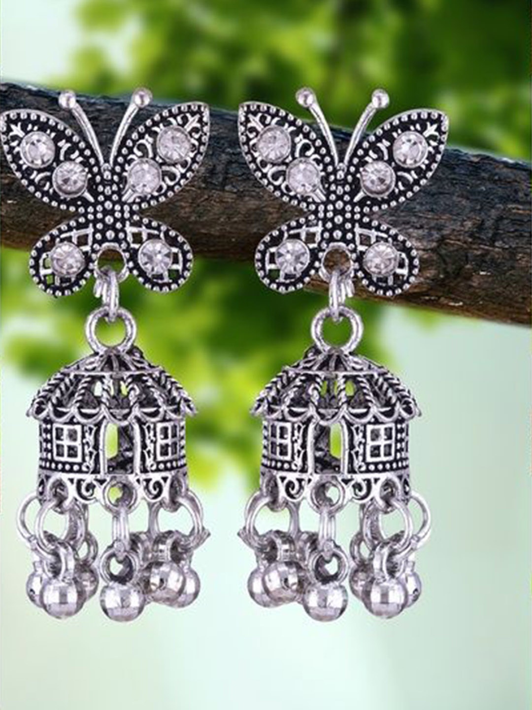 

DIVASTRI Set Of 5 Silver-Plated Butterfly Shaped Oxidised Jhumkas