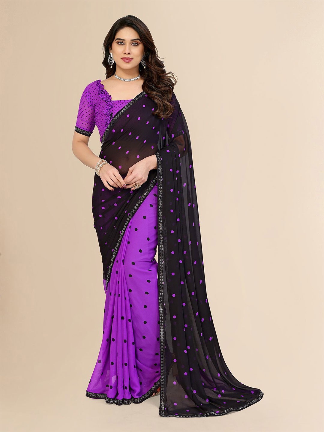 

Moda Rapido Women Polka Dots With Beads and Stones Border Saree, Purple
