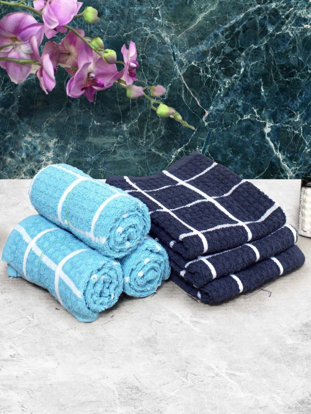 

Aura Blue & Navy Blue 6 Pieces Checked Pure Cotton Super Absorbent & Quick Dry Hand Towels