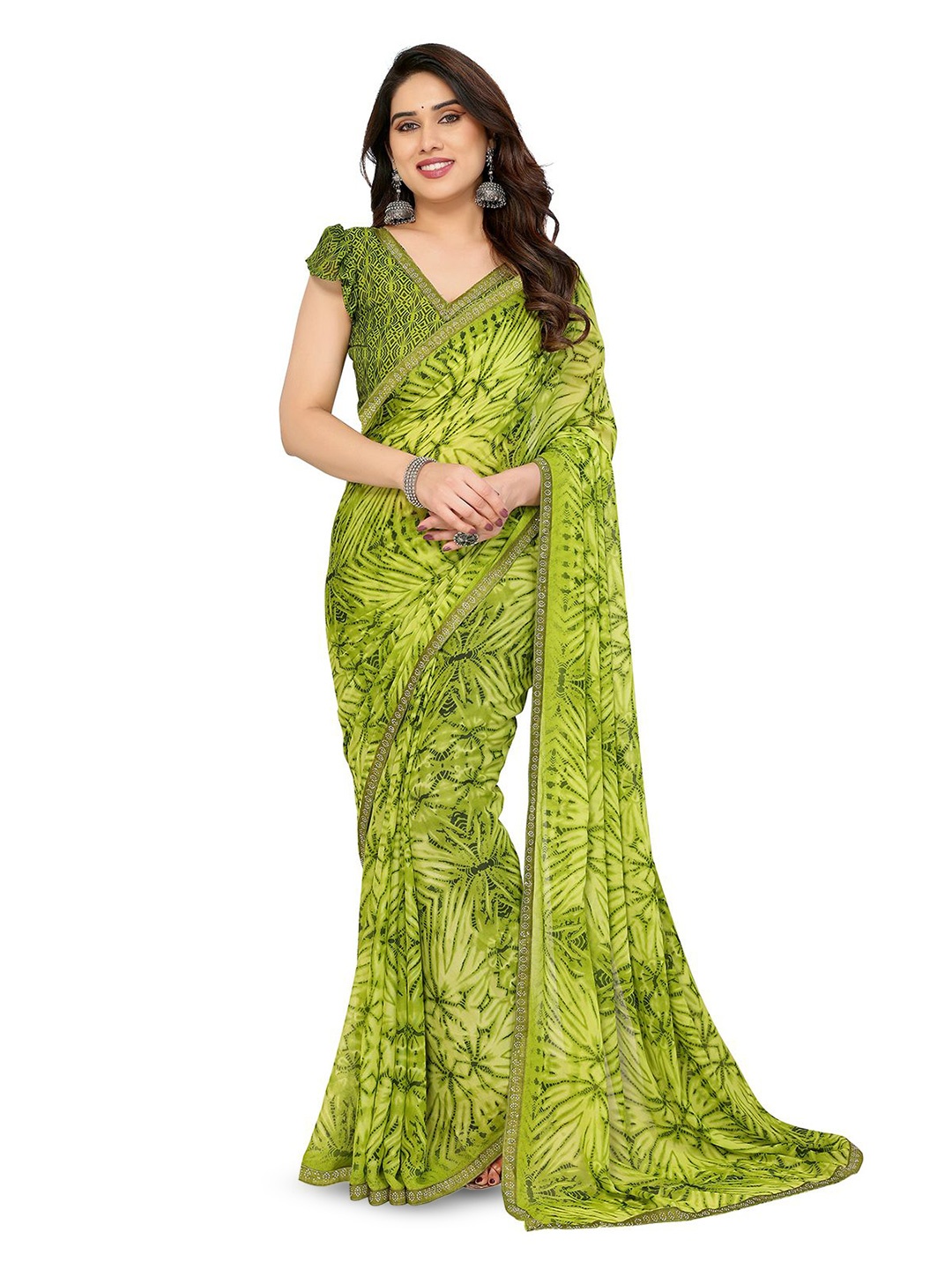 

Moda Rapido Tie and Dye Beads and Stones Saree, Green
