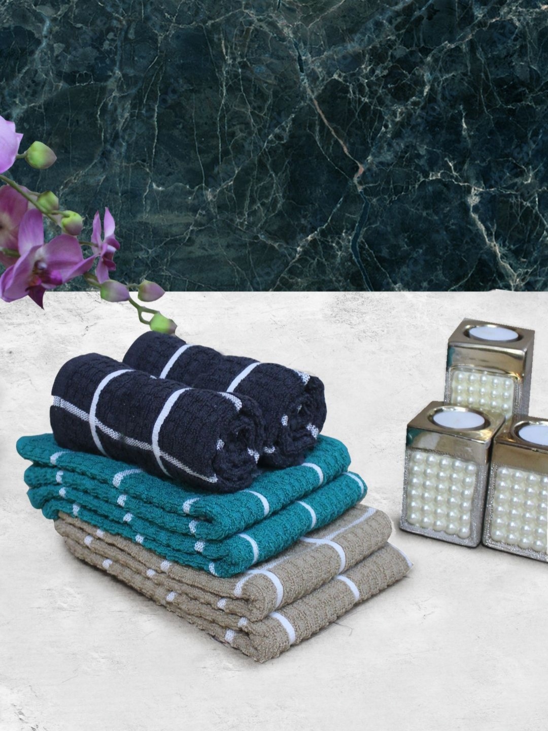 

Aura Blue & Brown 6 Pieces Printed Pure Cotton Super Absorbent & Quick Dry Hand Towels