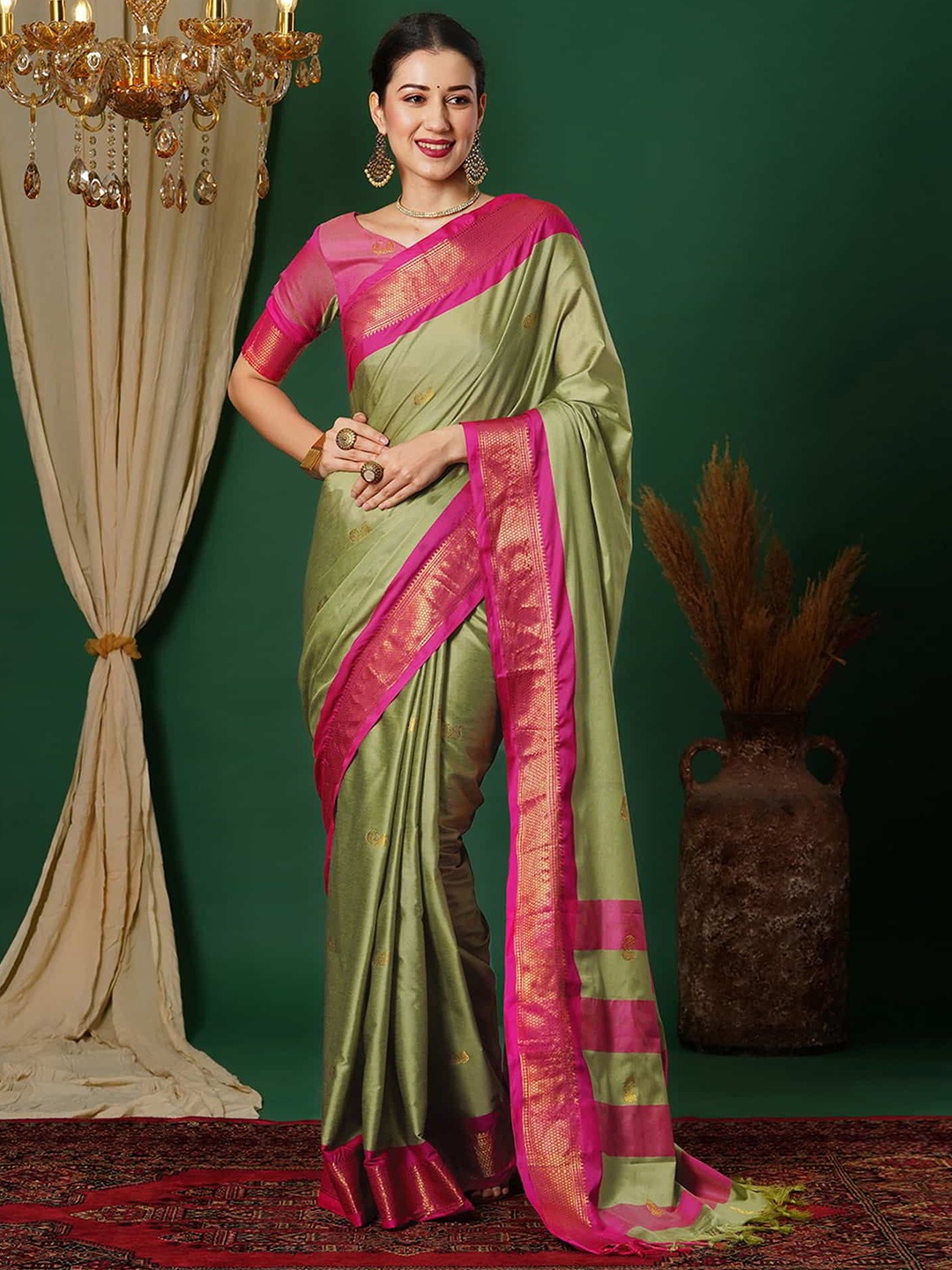 

yourwish Ethnic Motifs Zari Silk Cotton Banarasi Saree, Olive