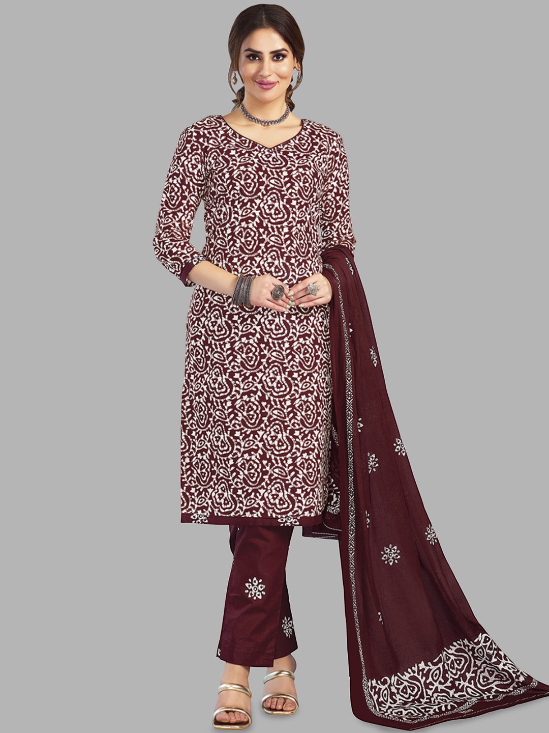 

shree jeenmata collection Floral Printed V-Neck Pure Cotton Kurta with Trouser & Dupatta, Maroon