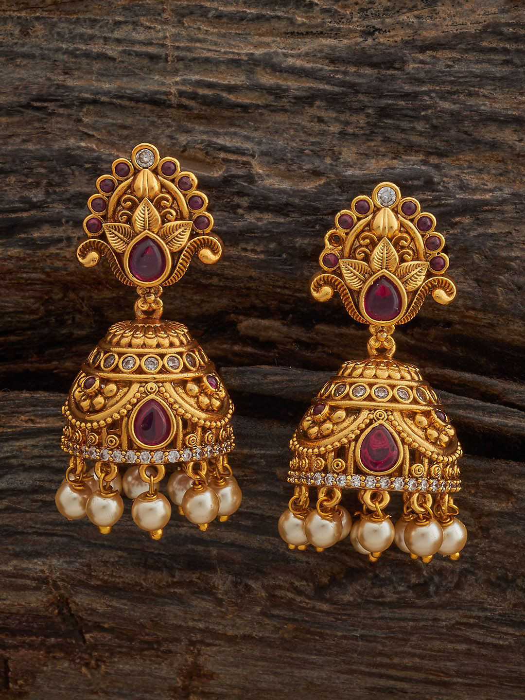 

Kushal's Fashion Jewellery Gold-Plated Dome Shaped Artificial Stones Antique Jhumkas