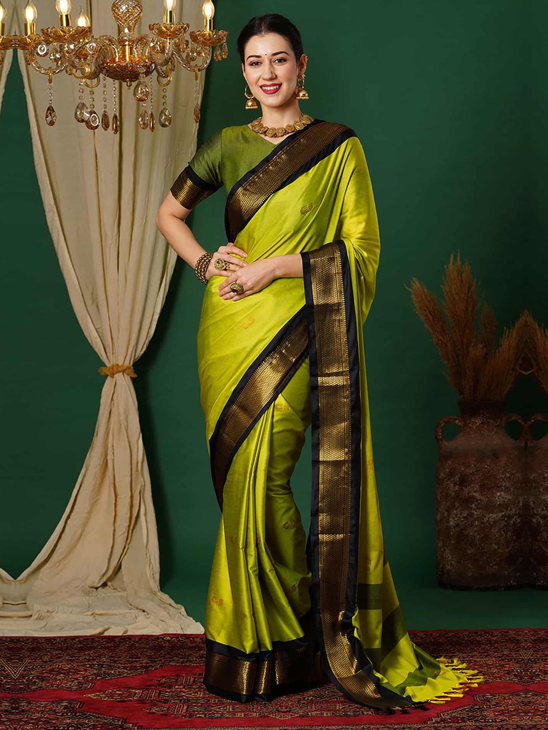 

yourwish Ethnic Motifs Zari Silk Cotton Banarasi Saree, Yellow