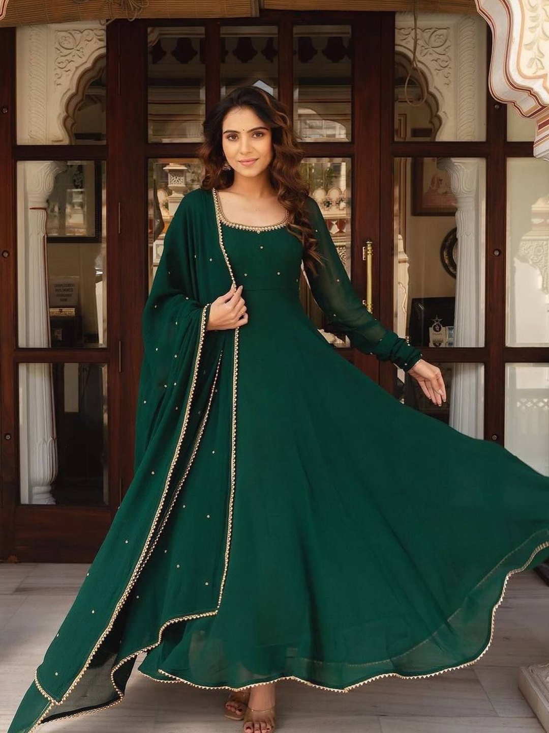 

Bought First Beads Work U-Neck Anarkali Kurta With Trousers And Dupatta, Green