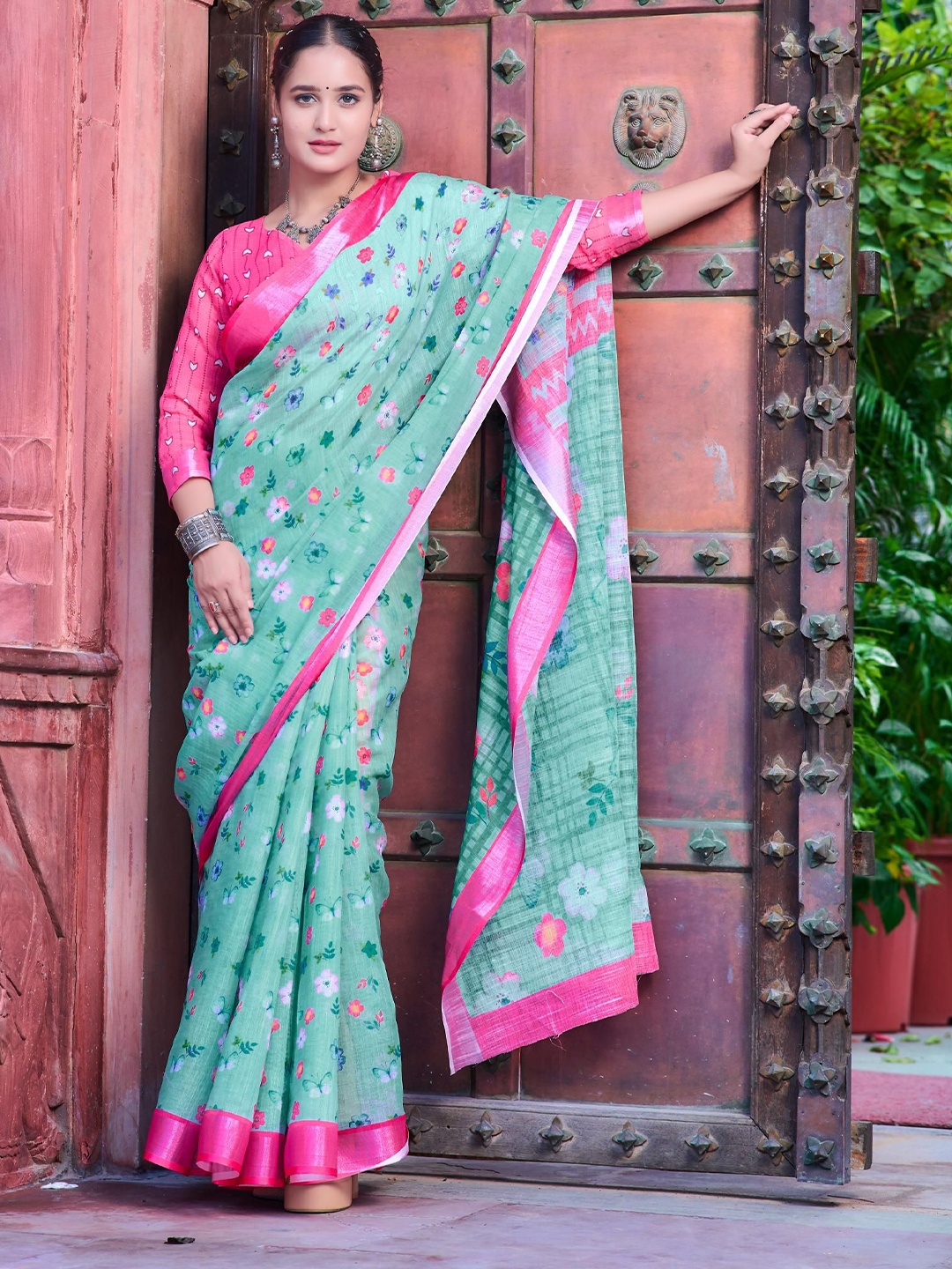 

KALINI Ethnic Motifs Zari Linen Blend Khadi Saree, Sea green