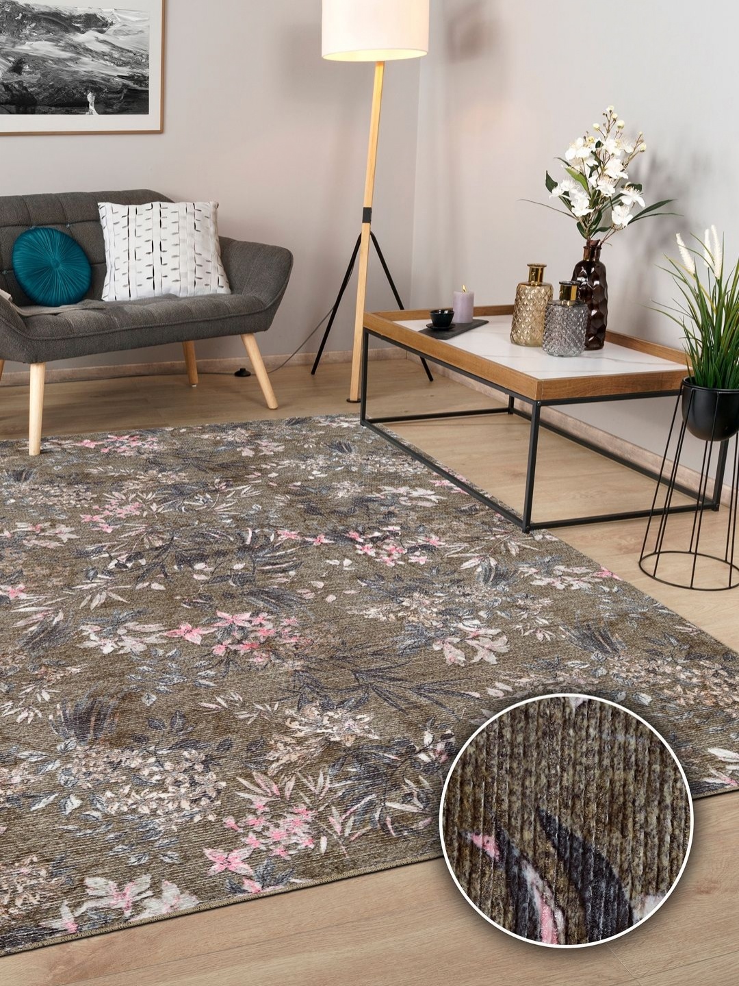 

Kaleen India Olive & White Floral Printed Anti-Skid Carpet