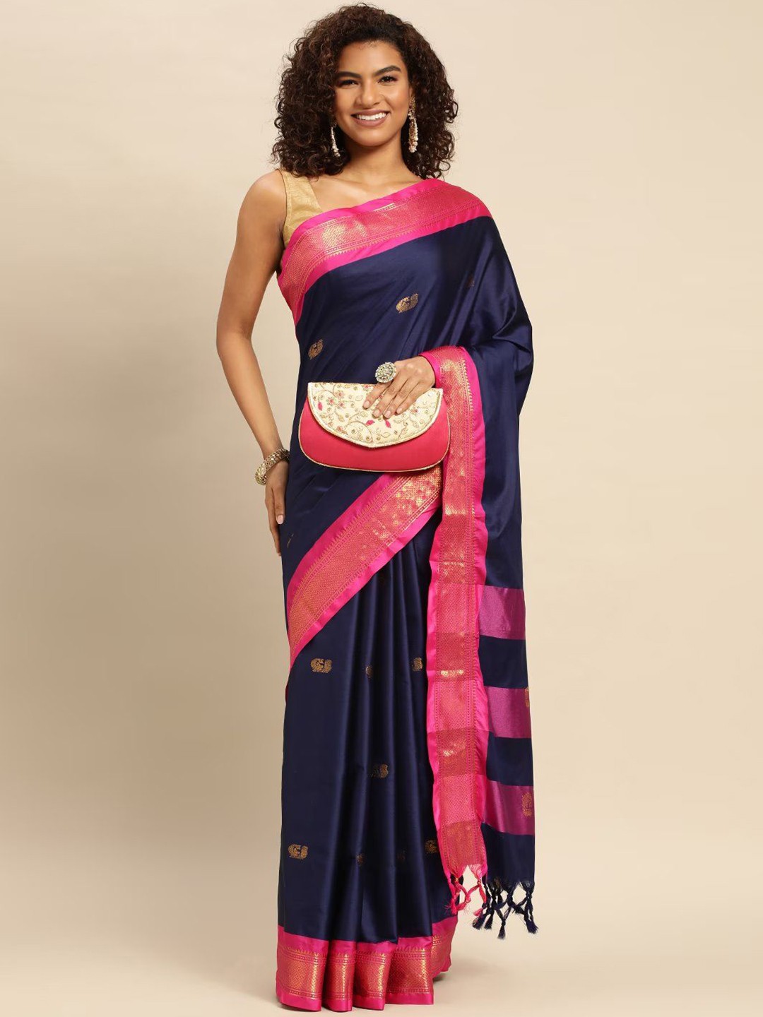 

yourwish Ethnic Motifs Zari Silk Cotton Designer Kanjeevaram Saree, Navy blue