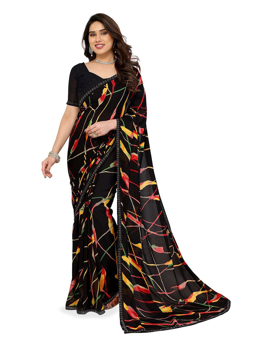 

Moda Rapido Abstract Printed Beads and Stones Saree, Black