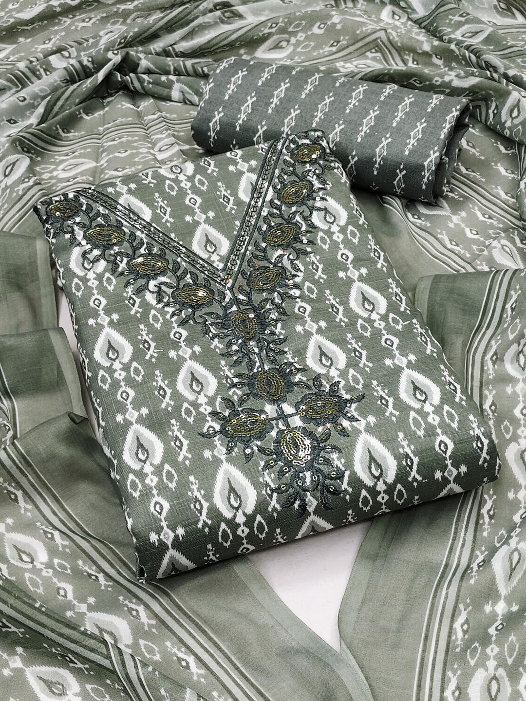 

SAINOOR Ethnic Motifs Printed Sequinned Pure Cotton Unstitched Dress Material, Grey