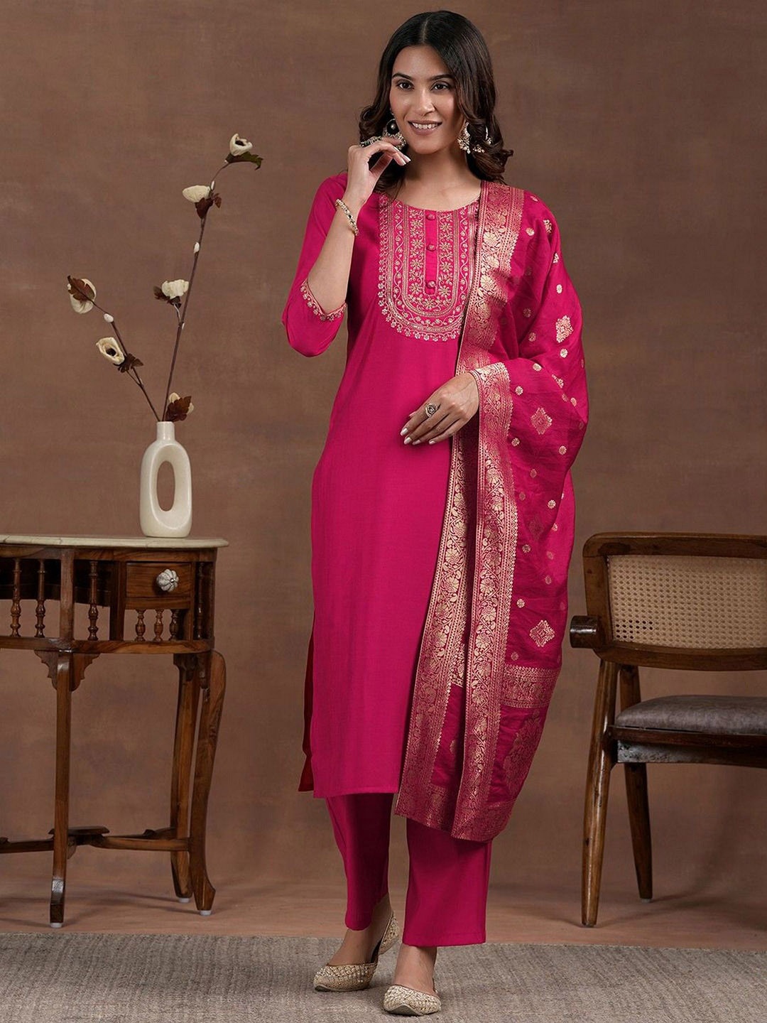 

ZEEPKART Ethnic Motifs Embroidered Round Neck StraightKurta With Trousers & Dupatta, Pink