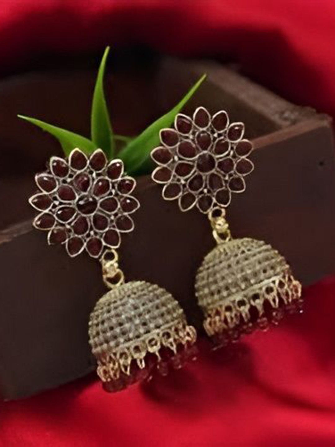 

JMBW INTERNATIONAL Gold Plated Artificial Stones Studded and Beaded Dome Shaped Jhumkas, Maroon