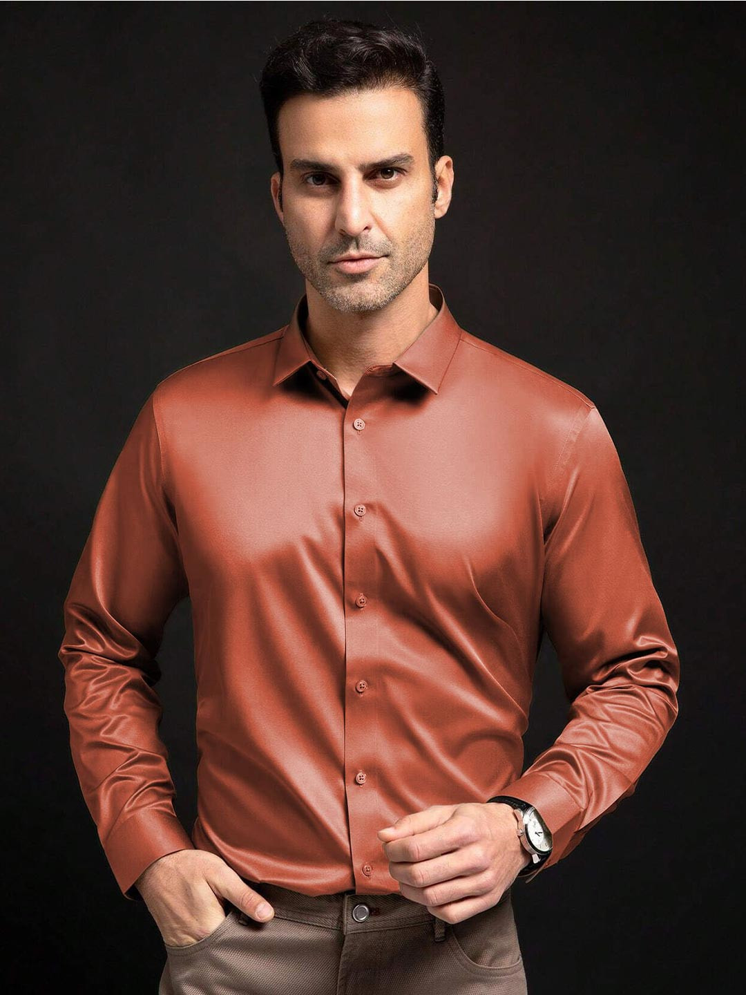 

SOLSTICE Men Comfort Opaque Party Shirt, Rust