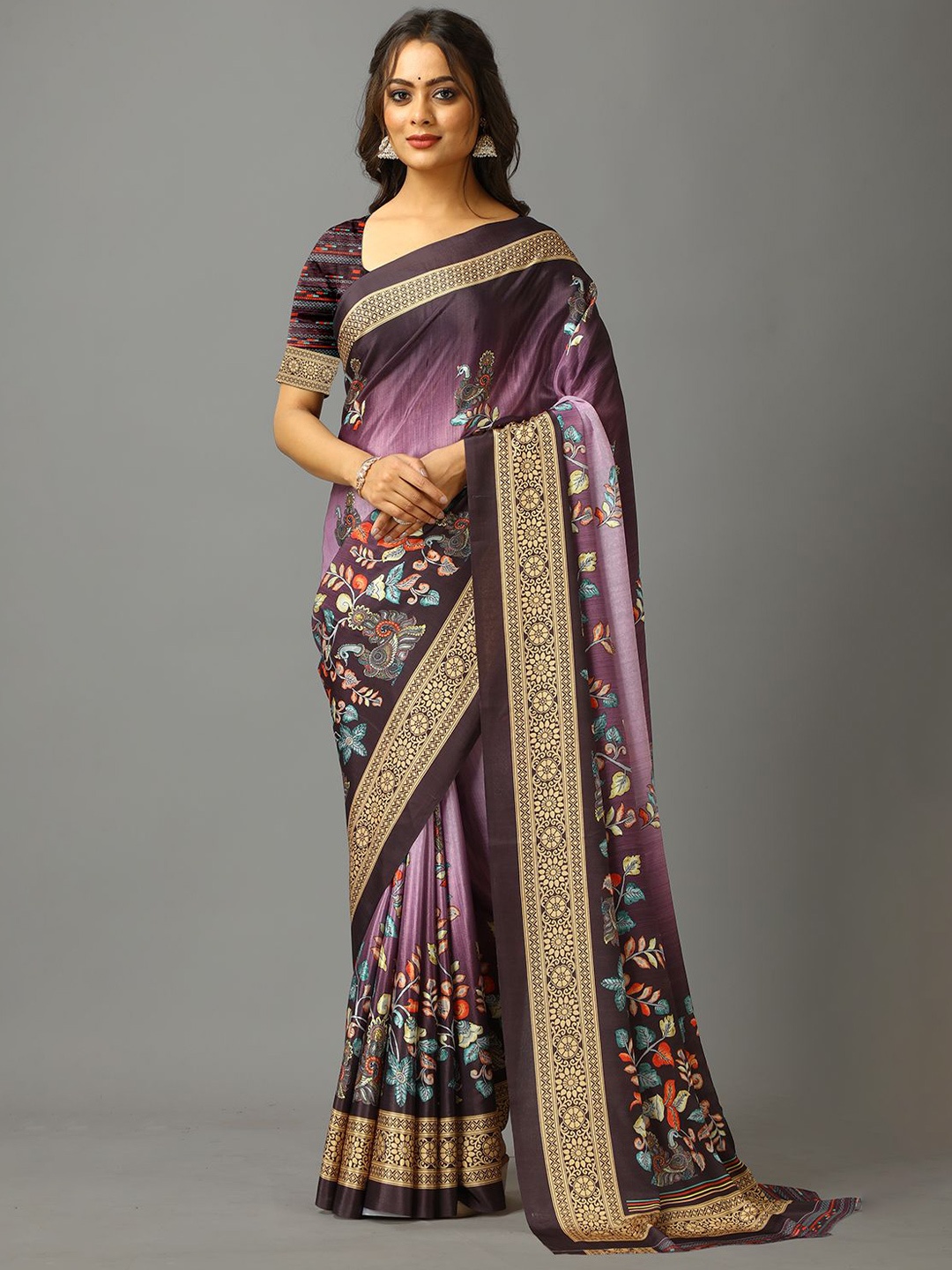 

VIRENDRA TEXTILES Floral Printed Pure Crepe Saree, Maroon