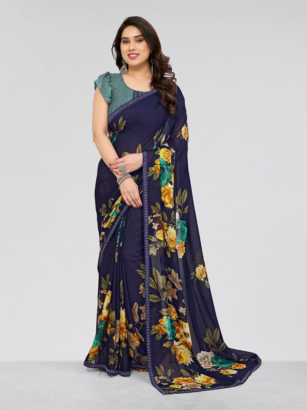 

Moda Rapido Floral Beads and Stones Saree, Navy blue