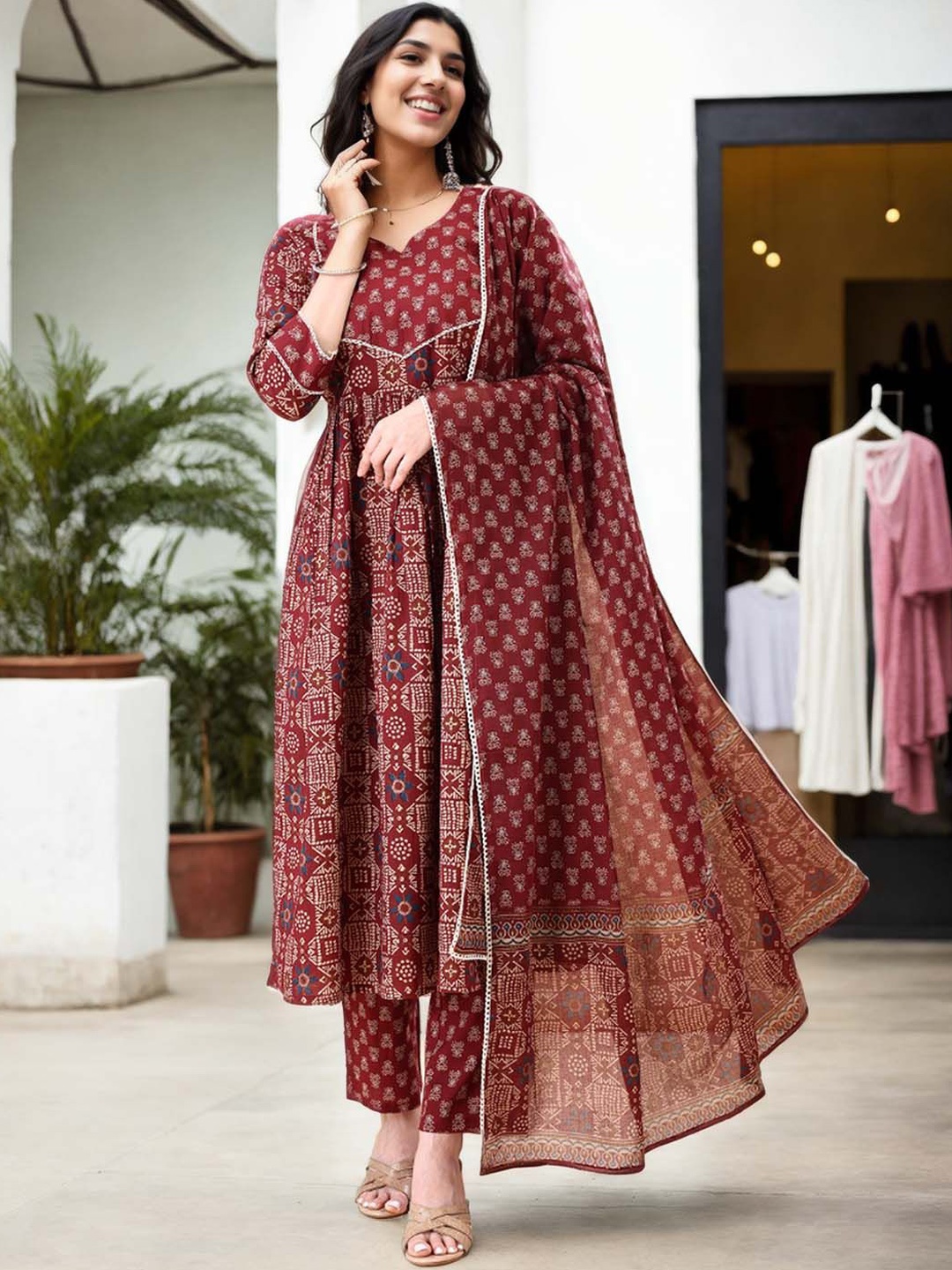 

Anouk Floral Printed Anarkali Pure Cotton Kurta With Trousers And Dupatta, Maroon