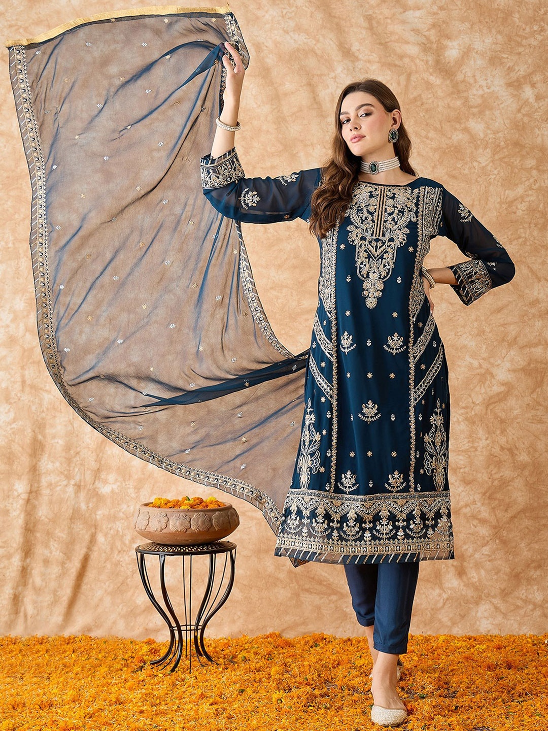 

SAINOOR Embroidered Stones & Beads Work Silk Georgette Unstitched Dress Material, Teal