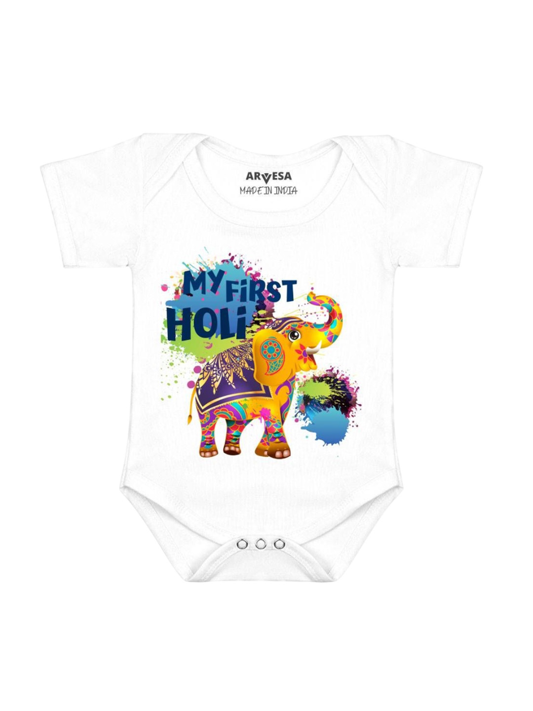 

Arvesa Infants My First Holi Printed Envelope Neck Bodysuit, White