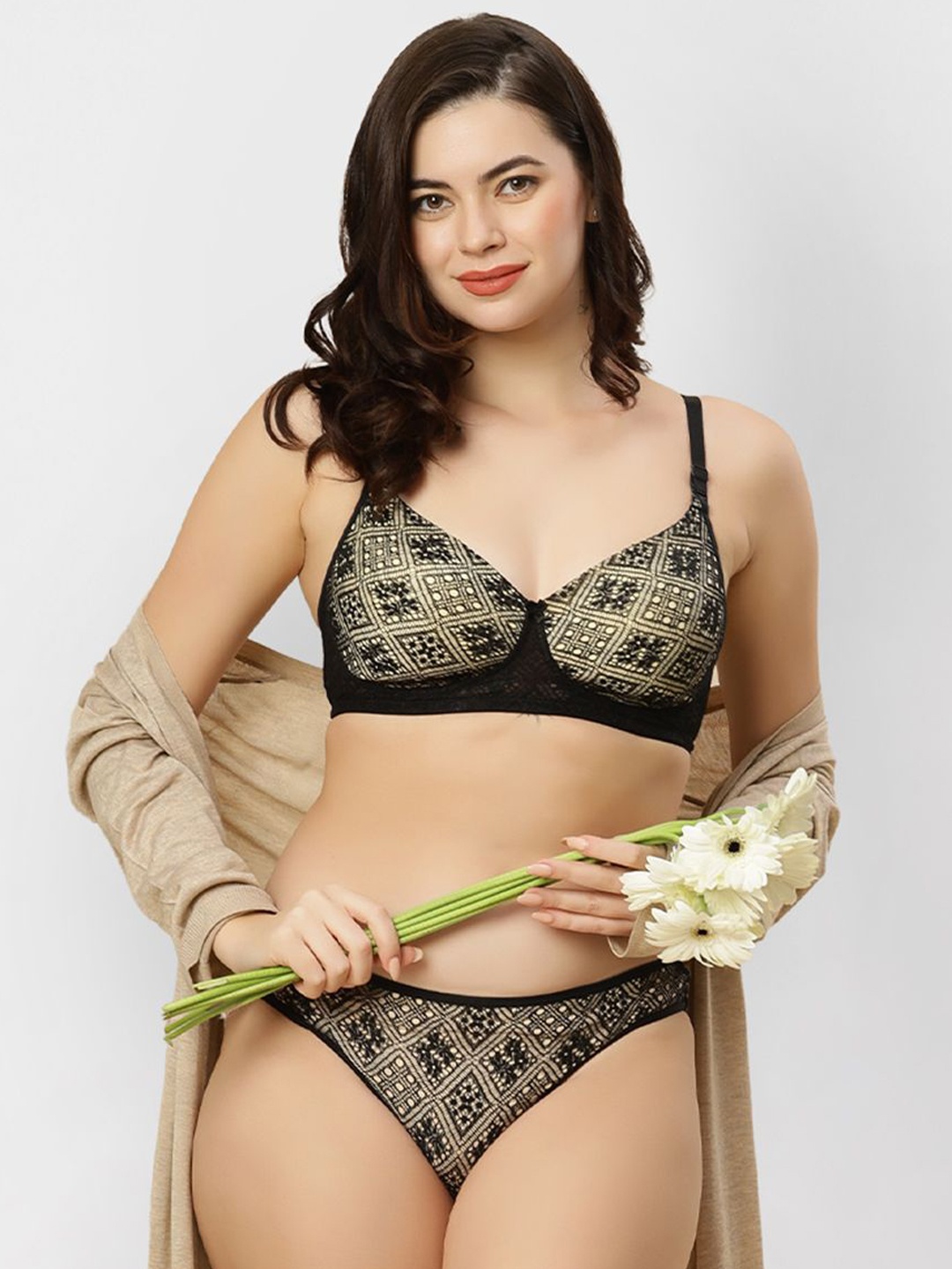 

happybra Cotton Lightly Padded Medium Coverage Bridal Lace Lingerie Set Bridal01Black38C, Black