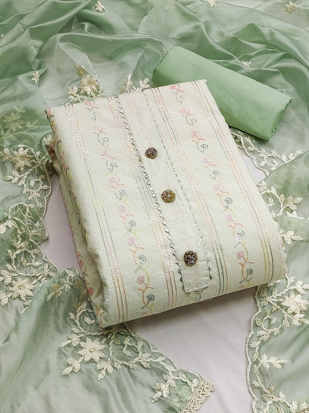 

SAINOOR Floral Embroidered Semi-Stitched Dress Material, Off white