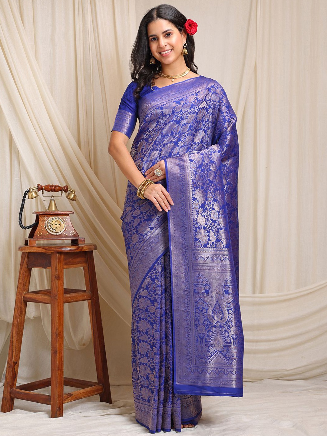 

RAJGRANTH Woven Design Pure Silk Kanjeevaram Saree, Blue