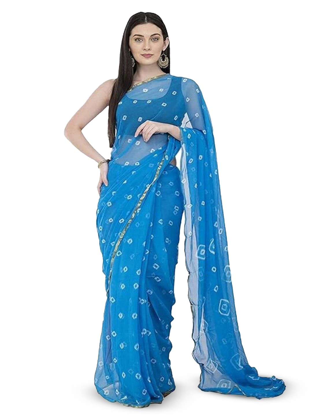 

DURGA EMPORIO Bandhani Zari Pure Chiffon Bandhani Saree, Blue