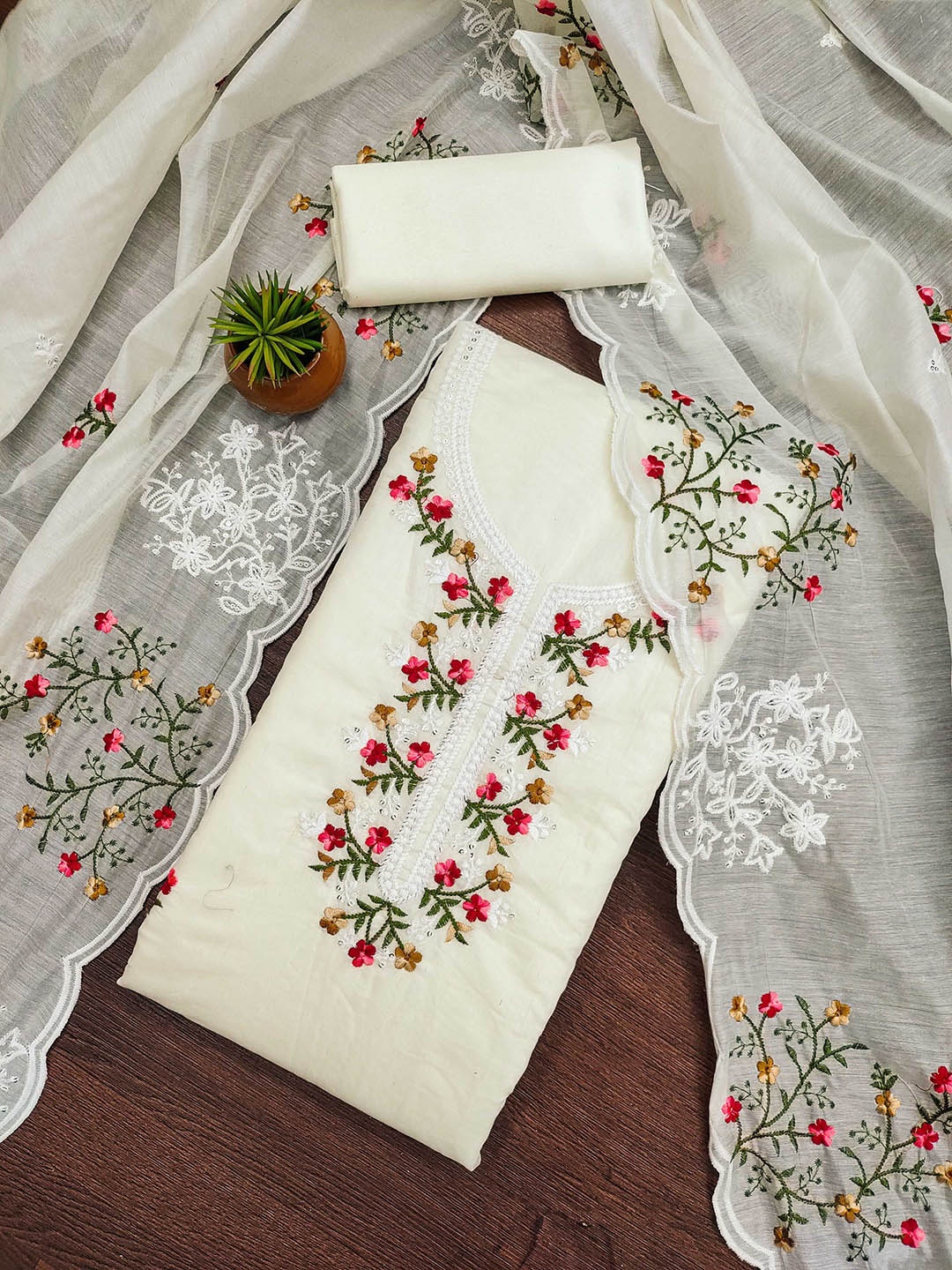 

SAINOOR Floral Embroidered Semi-Stitched Dress Material, White