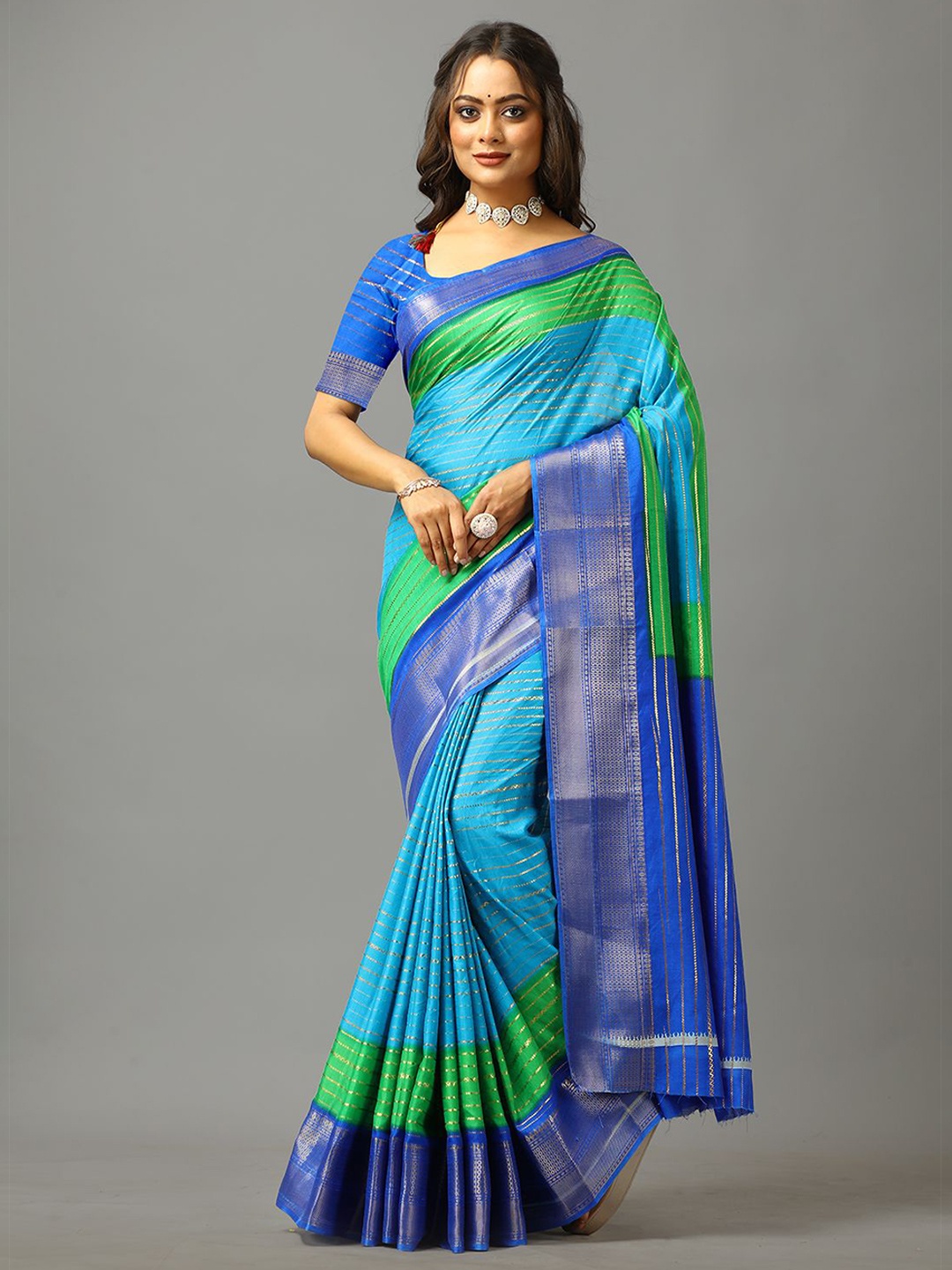 

A.V.M. SILK MILLS Woven Design Zari Designer Saree, Navy blue