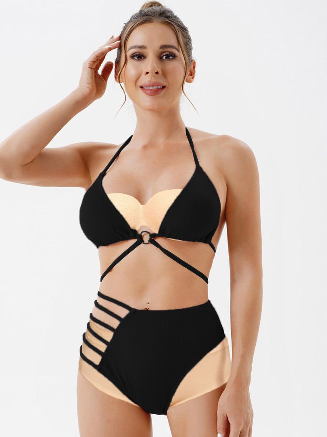 

FIMBUL Self Design Halter Neck Triangle Side Panty Bikini Set, Black