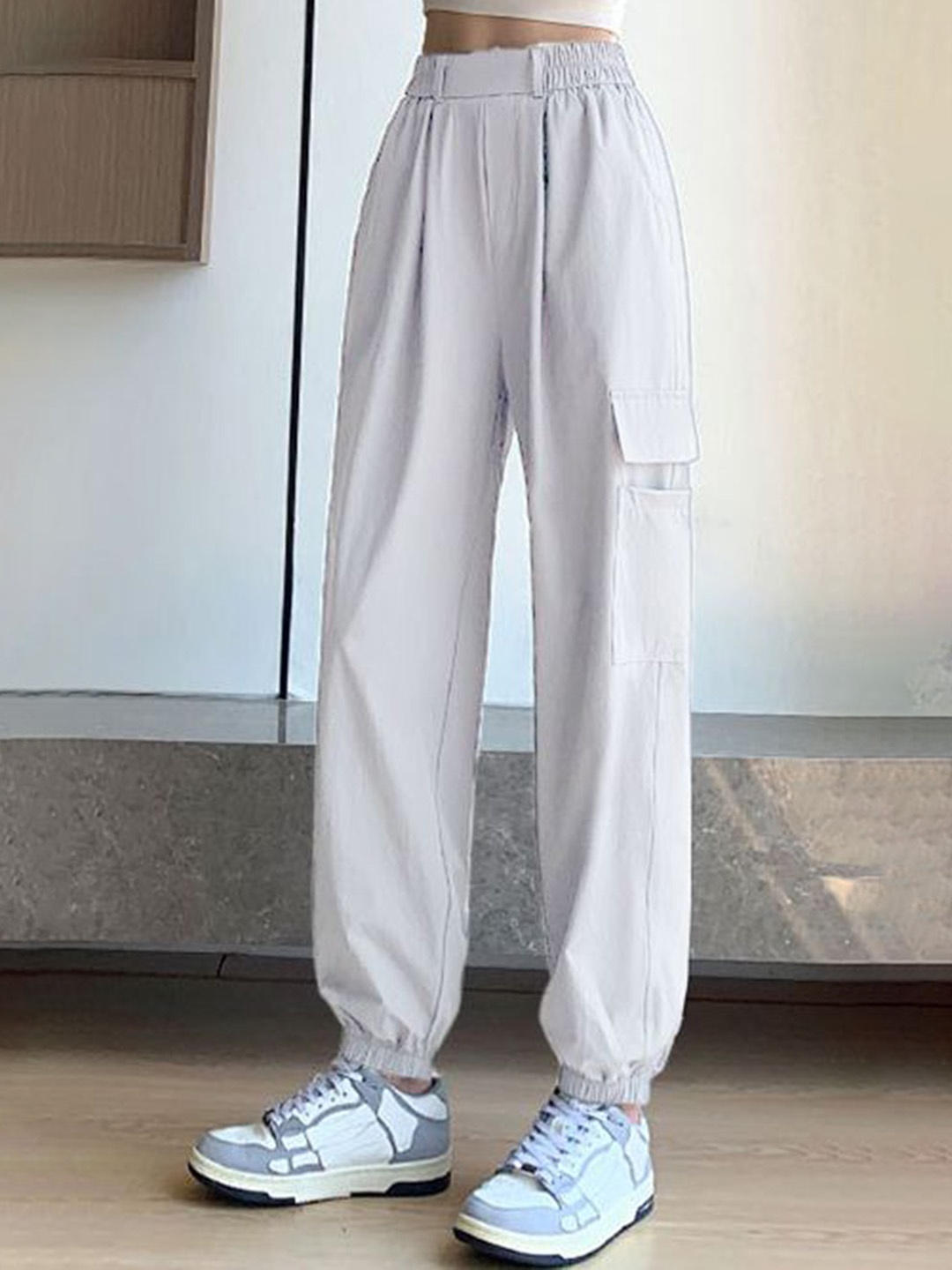 

FLOREOS Women Comfort Loose Fit Easy Wash Cargos Trousers, White