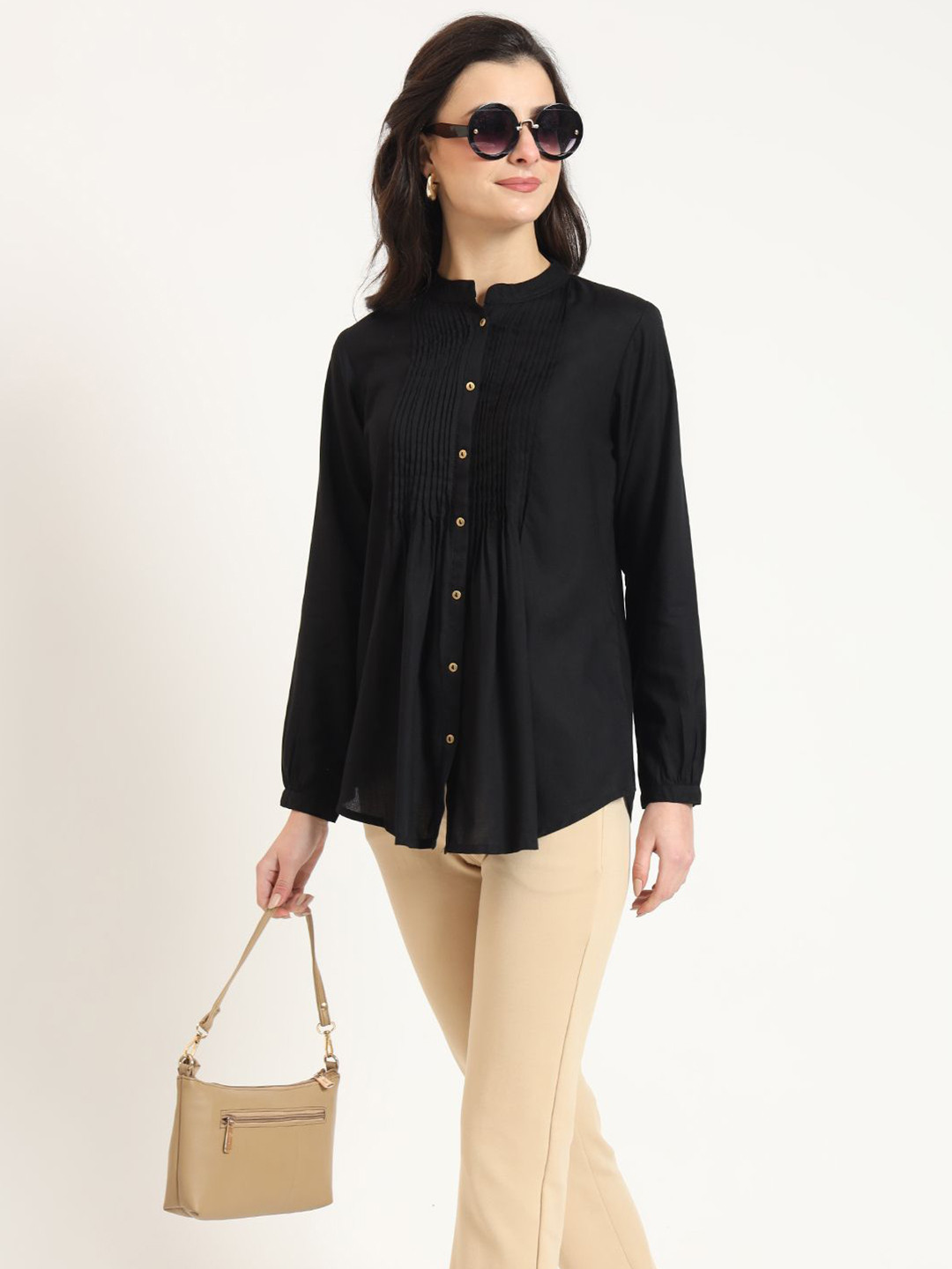 

BAESD Women Mandarin Collar Cuffed Sleeves Shirt Style Top, Black