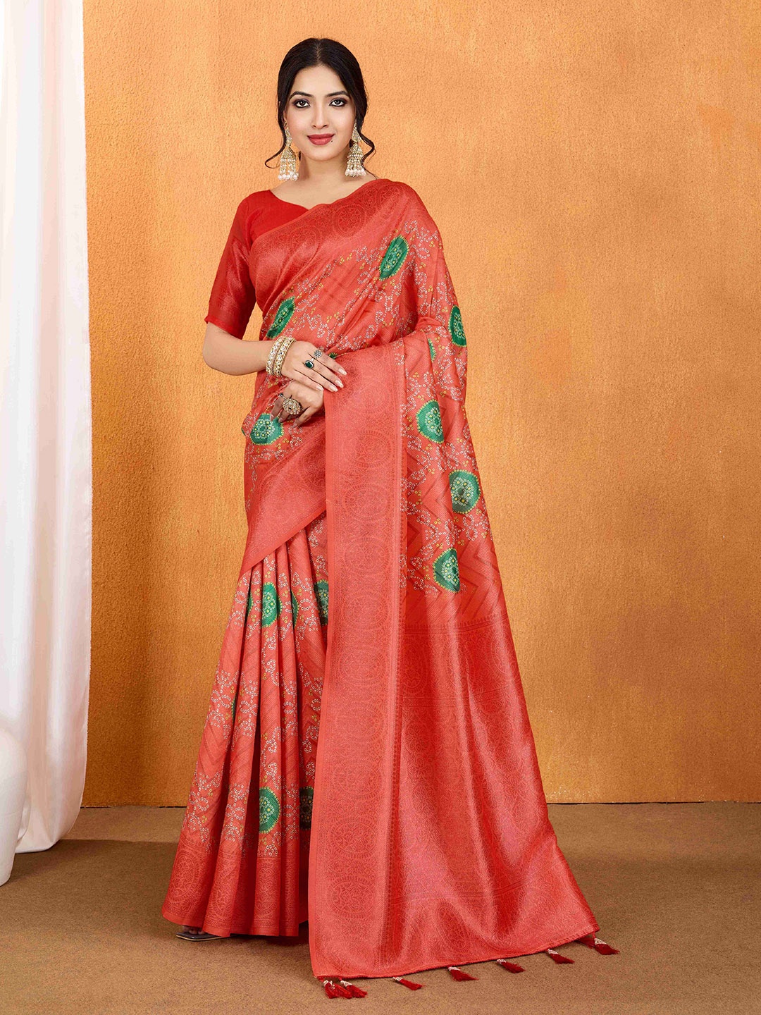 

MUSKAN CREATION Bandhani Printed Banarasi Saree, Red