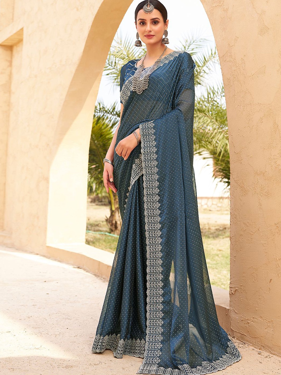 

all about you Embellished Embroidered Pure Georgette Designer Saree, Blue