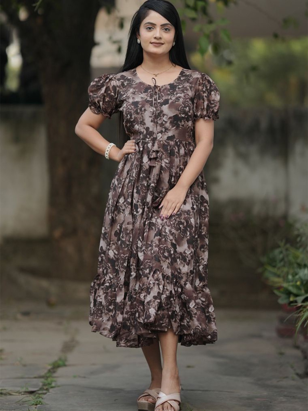 

KALINI Print Puff Sleeve Fit & Flare Midi Dress, Coffee brown