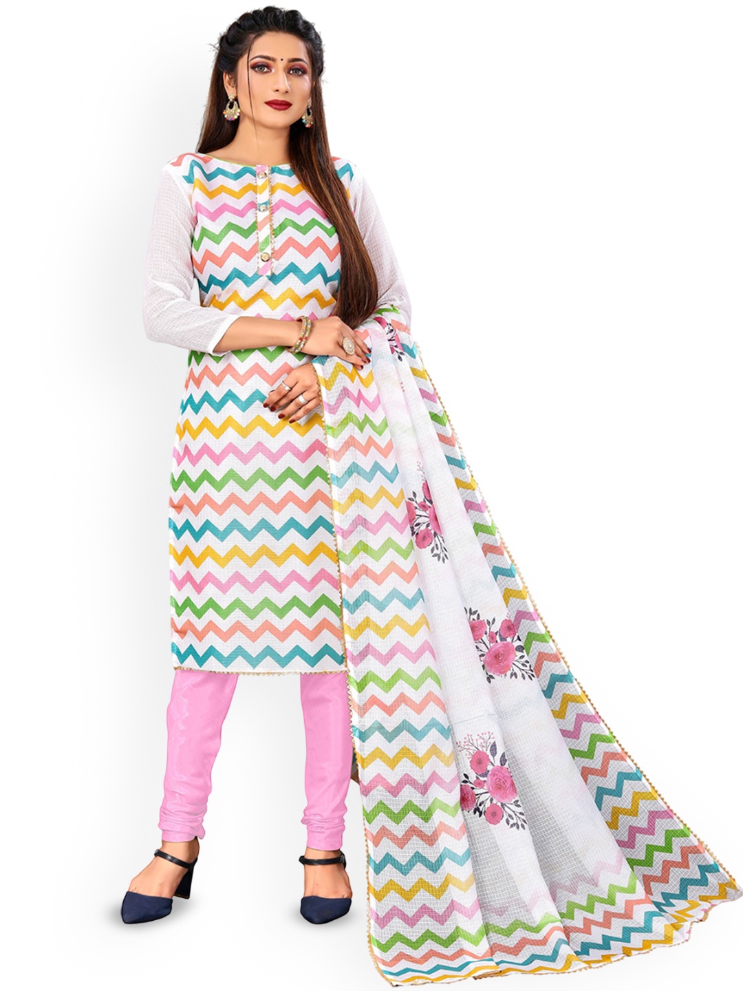

SAINOOR Chevron Printed Pure Cotton Unstitched Dress Material, White