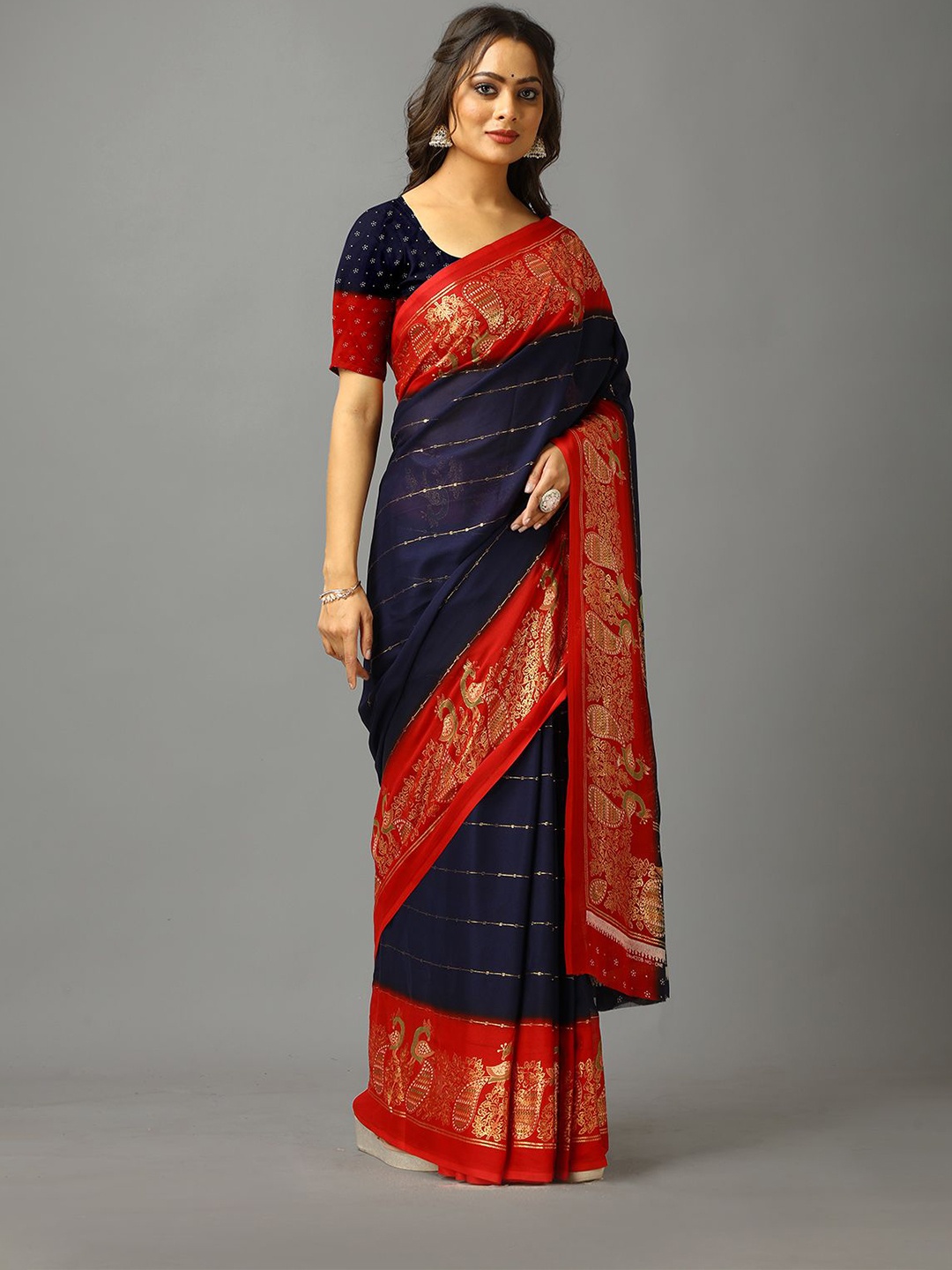 

NIRMAL CREATION Striped Pure Crepe Saree, Blue