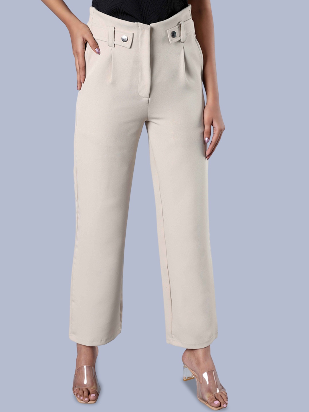 

NOT SO PINK Women Relaxed Straight Fit High-Rise Pleated Trousers, Cream