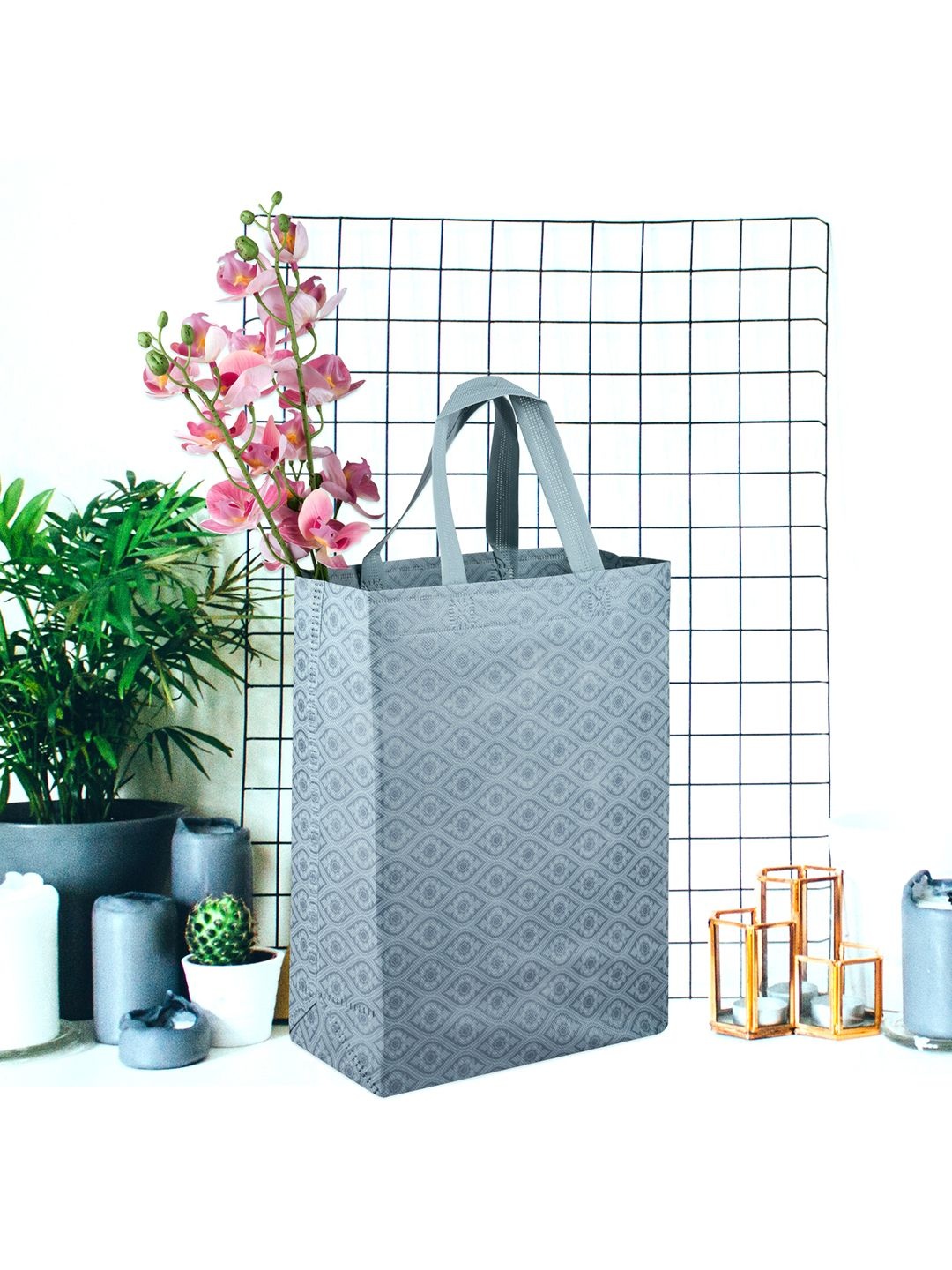 

Kuber Industries Printed Bucket Handheld Bag with Cut Work, Grey
