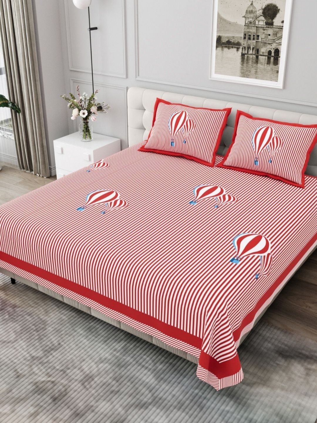 

JAIPUR FABRIC Red & White Striped Cotton 254 TC King Bedsheet Set 2.74m x 2.28m