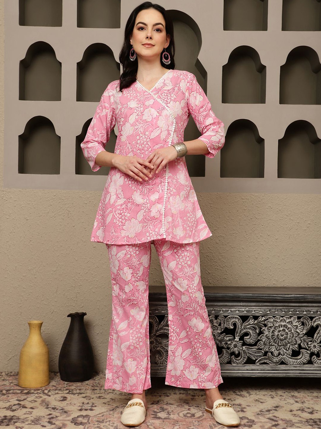 

Sangria Floral Printed Pure Cotton Three Quarter Sleeve Tunic & Trouser Co-Ords, Pink