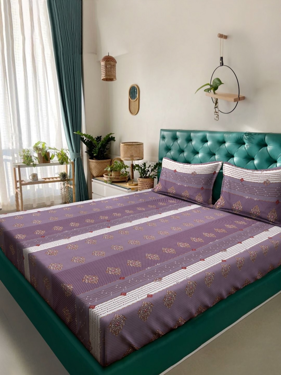 

KLOTTHE Purple Floral Printed 300 TC Bedsheets Cotton King Bedsheet Set 2.5 m x 2.25 m