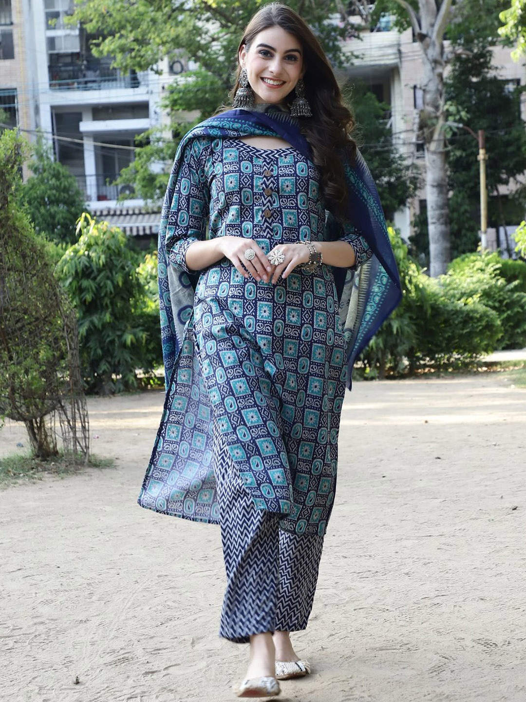 

Moda Rapido Ethnic Motifs Printed Pure Cotton Straight Kurta With Trousers And Dupatta, Blue